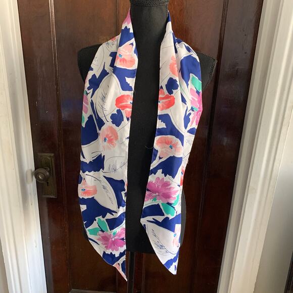 White and Multicolor Watercolor Flowers Euro Summer Oblong Scarf Symphony Scarfs - Picture 4 of 12